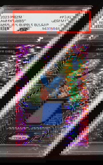 2023 Panini Prizm Premier Jerseys Jahmyr Gibbs Purple Pulsar PSA 10