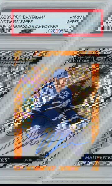 MATTHEW KNIES 2023-24 O-Pee-Chee Platinum Orange Checkers Auto Rc #15/15 PSA 9