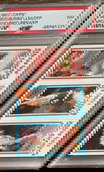 1980 Topps Larry Bird Rookie (Rebounding Leader), Fred Brown, & Ron Brewer PSA 7