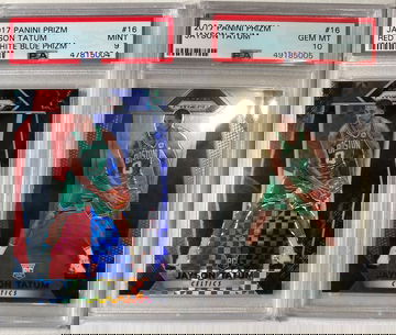 JAYSON TATUM ROOKIE LOT RWB REFRACTOR PSA 10 & 9 2017 PRIZM #16 MINT BOSTON CELTICS RED WHITE BLUE