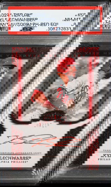 2024 TOPPS TIER ONE KYLE SCHWARBER ON CARD AUTO RED /15 PSA 8