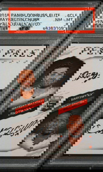 2018 Panini Donruss Elite Pen Pals Duals Auto Baker Mayfield Nick Chubb - Black Ink