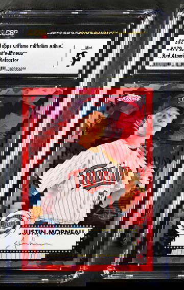 2021 Topps Chrome Platinum Anniversary Red Atomic Refractor Justin Morneau 02/100 CSG 9 MINT