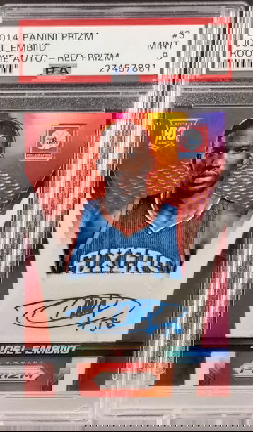 2014 Panini Prizm Joel Embiid Rookie Auto Red 100/199 #3 PSA 9