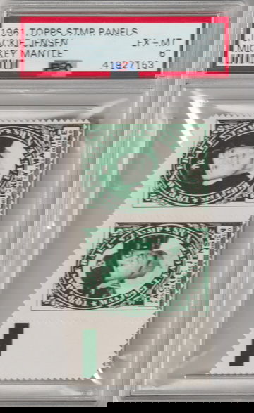 RARE 1961 Topps Stamp Panel with Tab HOFer Mickey Mantle / Jackie Jensen PSA 6 (Excellent-Mint)