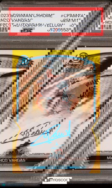 2023 Bowman Chrome Marco Vargas YELLOW REFRACTOR AUTO /75 1st Mets CPAMVA PSA 10