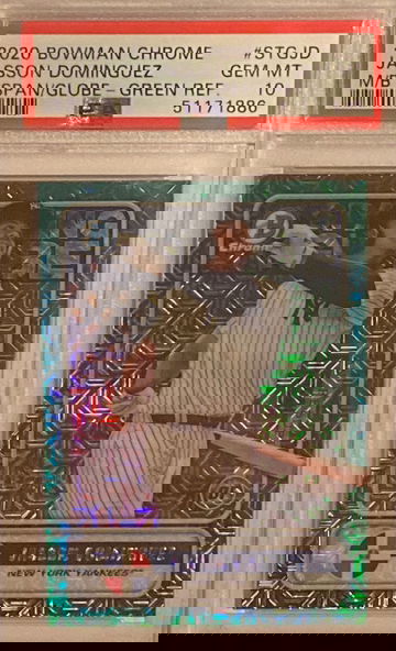 PSA 10 Gem Mint GREEN MOJO Chrome Refractor Jasson Dominguez Spanning The Globe Pop 3 SSP #/99