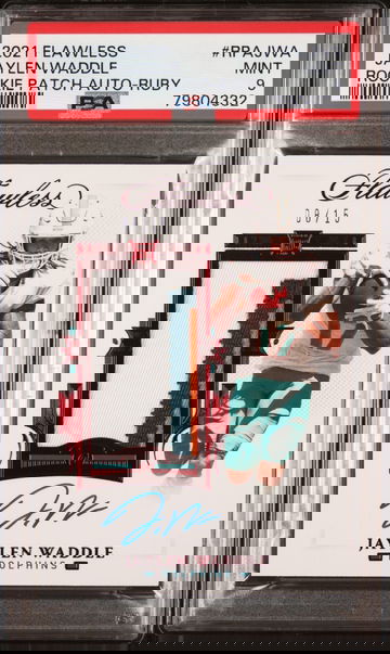 2021 Flawless #RPA-JWA Jaylen Waddle Rookie Patch Auto-Ruby /15 Auto PSA 9