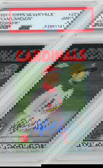 DYLAN CARLSON 2021 TOPPS SILVER PACK ROOKIE REFRACTOR AUTO #/99 PSA 9 MINT 