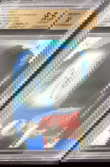 2014 Derek Carr Topps Finest Auto Jumbo Relics RC Blue Refractor /99 Beckett 9.5