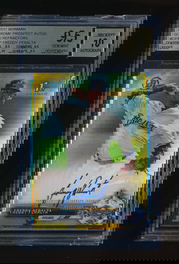 2017 Bowman Chrome Freddy Peralta Gold Refractor Auto RC /50, BGS 9.5 10 Hi Subs