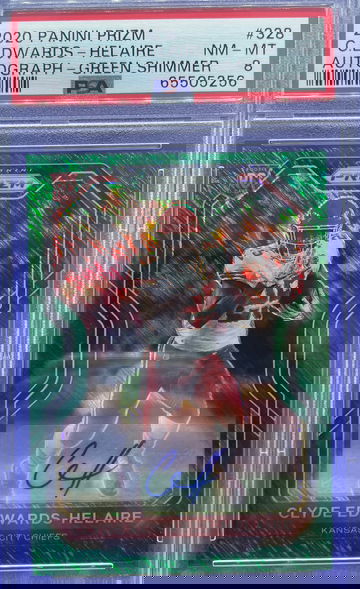 2020 Panini Prizm Rookie Auto Prizm Green Shimmer Clyde Edwards-Helaire RC 1/5 PSA 8 NM-MT SP