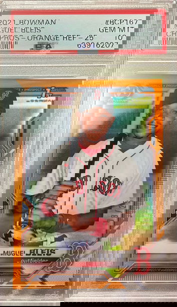 2021 BOWMAN CHROME PROSPECTS TRUE ORANGE REFRACTORS MIGUEL BLEIS RC /25 PSA 10 GEM!