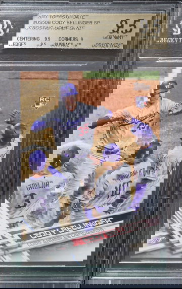 BGS 9.5 - 2017 TOPPS UPDATE CODY BELLINGER RC #US50B SP CROSSING HOME PLATE HIGH FIVE