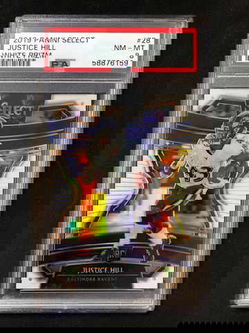 2019 Panini Select - Justice Hill - Rookie Concourse White Prizm SSP /35 PSA 8
