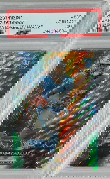 Jahmyr Gibbs PSA 10 GEM MINT 2023 Prizm Prizmatic Green Wave #20 Rookie RC Lions