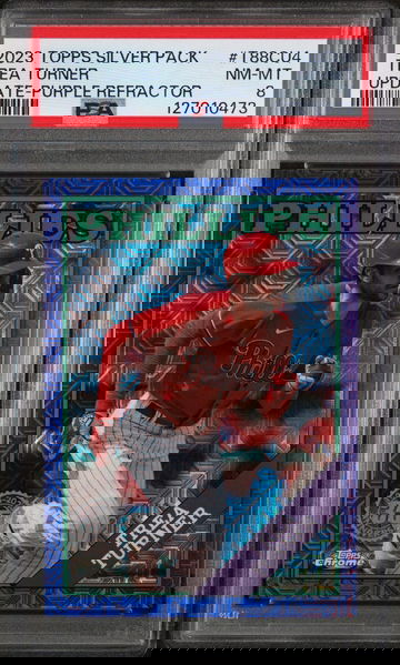 2023 Topps Silver Pack 1988 Chrome Promo Update-Purple Refractor Trea Turner #T88CU4 /75 PSA 8