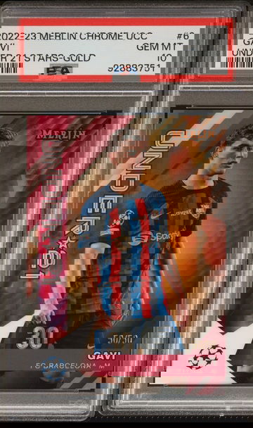 2022 Topps Merlin Chrome UEFA Club Competitions Under 21 Stars #6 Gavi Gold Ref PSA 10