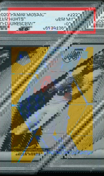 2020 Panini Mosaic Jalen Hurts RC GOLD Fluorescent #/20 PSA 10