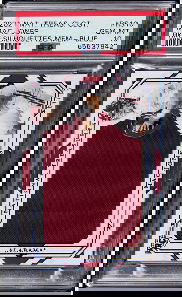 Mac Jones 2021 Panini National Treasure Silhouettes Memorabilia Blue RC PSA 10 Serial Numbered 67 of 75