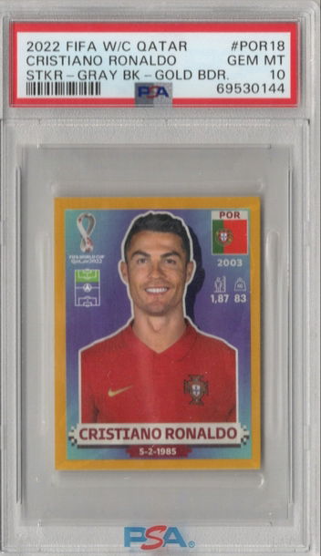 2022 FIFA WORLD CUP QATAR STICKER GOLD BORDER GRAY BACK - CRISTIANO RONALDO #POR18 - PSA 10