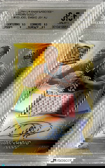 2014 Spectra Prizm Gold Joel Embiid AUTO PATCH #/10 #103 BGS 8.5/10 ROOKIE RPA