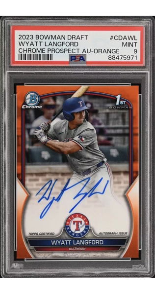 2023 Wyatt Langford Bowman 1st Auto Orange Refractor /25 PSA 9