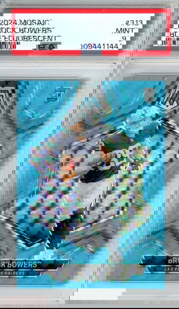 2024 PANINI MOSAIC BROCK BOWERS #313 BLUE FLUORESCENT 2 OF 15 ROOKIE RC PSA 9