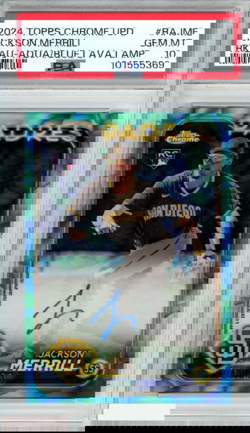 2024 TOPPS CHROME UPD RC AUTO JACKSON MERRILL #JME AQUA BLUE LAVA OF 175 PSA 10