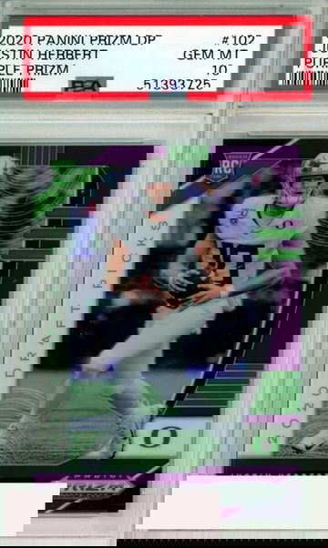 2020 PANINI PRIZM DRAFT PICKS JUSTIN HERBERT #102 PURPLE PRIZM RC PSA 10 GEM MT