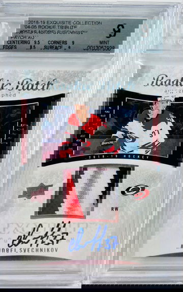 2018-19 UD Exquisite Collection ‘04-05 Rookie Tribute Andrei Svechnikov RPA BGS 9/10 Auto SSP