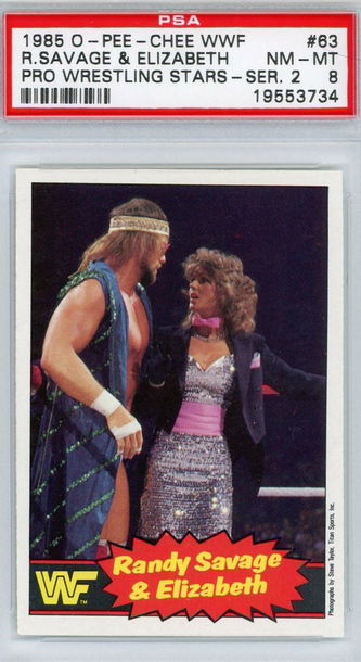 1985 O-Pee-Chee Randy Macho Man Savage & Elizabeth Rookie Card PSA 8