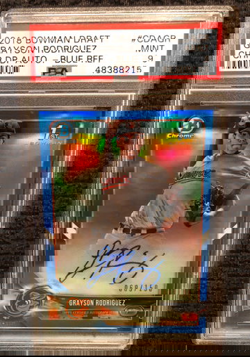 2018 Bowman Draft Grayson Rodriguez 1st RC Blue Refractor /150 Auto PSA 9 MINT