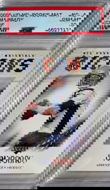 TOM BRADY PSA 10 NFL ROOKIE MATERIALS 2005 UPPER DECK ICONS #IC-5 PATRIOTS BUCCANEERS ~LOW POP 6~