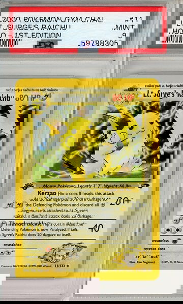 2000 POKEMON GYM CHALL LT SURGES RAICHU #11 HOLO-1ST EDITION PSA 9