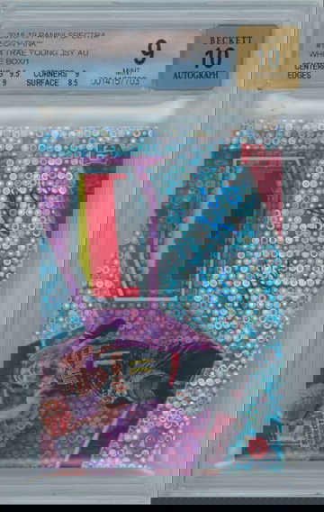 2018 Spectra Trae Young #104 Neon Pink White Box #1-1 Rookie Patch Autograph BGS 9 AUTO 10 - 4-Color Patch HAWKS ROOKIE 