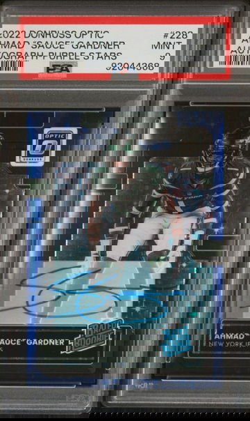 2022 Donruss Optic 228 Ahmad “Sauce” Gardner Purple Stars Auto FOTL #/50 PSA 9