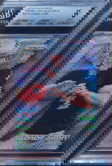 DEREK CARR 2014 PANINI PRIZM LIGHT BLUE WAVE /99 BGS 9 POP 1