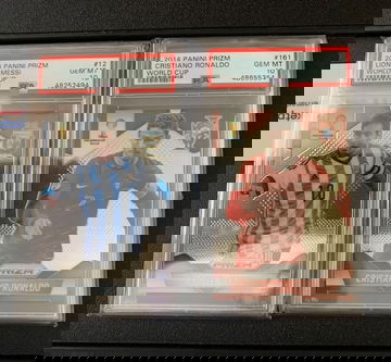 2014 Prizm World Cup Cristiano Ronaldo #161 & Lionel Messi #12 PSA 10