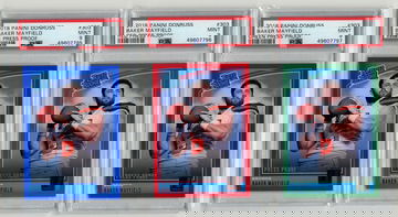 3x 2018 Donruss #153 Baker Mayfield RC Blue, Red and Green Press Proof all are PSA 9 