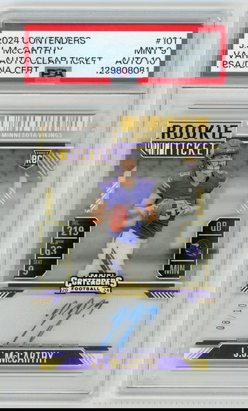 JJ MCCARTHY 2024 Panini Contenders Clear Rookie Ticket Variation Auto Rc #8/10 PSA 9