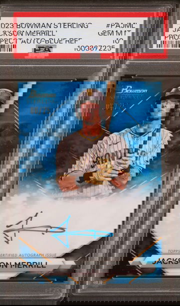 2023 Bowman Sterling Prospect Autographs Jackson Merrill #PAJML Prospect Auto-Blue Refractor /25 PSA 10