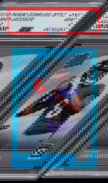 2018 DONRUSS OPTIC AQUA LAMAR JACKSON ROOKIE RC /299 #167 PSA 9 MINT