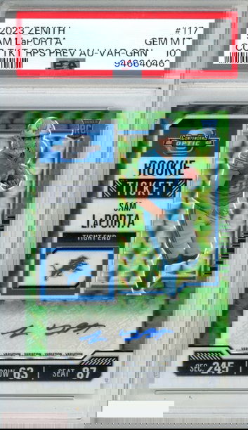 2023 ZENITH CONTENDERS OPTIC RC TKT AUTO SAM LAPORTA #117 VAR GREEN OF 23 PSA 10