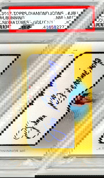 2017 TOPPSDIAMOND ICONS JIM BUNNING CUT SIGNATURES GOLD 1/1 PSA 8