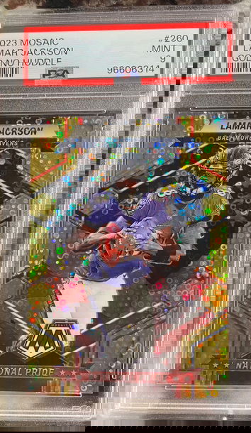 2023 Panini Mosaic Lamar Jackson Gold No Huddle /10 PSA 9