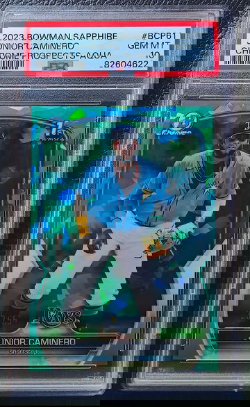 JUNIOR CAMINERO 2023 BOWMAN SAPPHIRE CHROME PROSPECTS AQUA /55 PSA 10