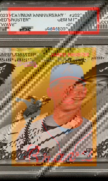 2023 Topps Chrome Platinum Anniversary Gold Wave Jared Shuster /50 RC PSA 10