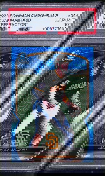 2023 BOWMAN CHROME MEGA BOX #244 JACKSON MERRILL BLUE REFRACTOR /150 PSA 10!!