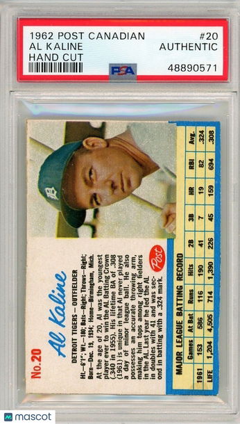 1962 Post Cereal Al Kaline Hand Cut #20 PSA Authentic P1345